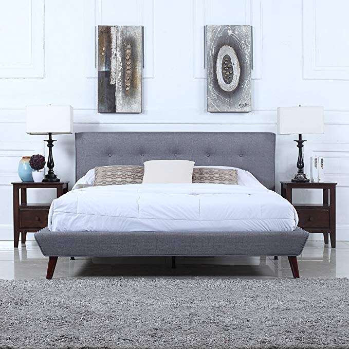 Divano Roma Furniture Mid-Century Grey Linen Low Profile Platform Bed Frame with Tufted Headboard Design (Full)