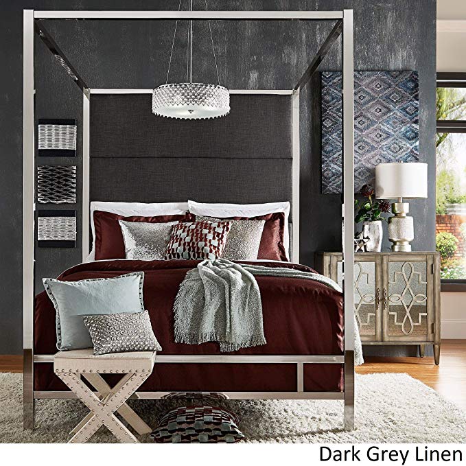 Inspire Q Evie Chrome Metal Canopy Bed with Linen Panel adboard by Bold Charcoal King