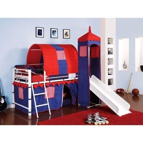 Castle Tent Twin Loft Bed Slide Playhouse w/ Under Bed Storage Red White & Blue. Top of the Slide Is Tented with a Tower with Peek Through, Fold Down Window Covers. Fun Bunk Bed w/ Slide & Covered Hiding Place Below. The Covered Hiding Place Below Can Also Be Used As Under Bed Storage. The Kids Will Have a Blast All Day Long Playing in the Bedroom.
