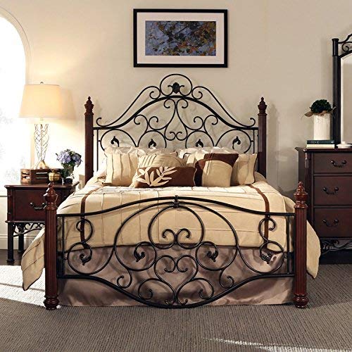 Queen Size Antique Style Wood Metal Wrought Iron Look Rustic Victorian Vintage Bed Frame Cherry Bronze Finish Scroll Design Great for Men's or Women's Bedroom Furniture Modern Traditional Home Deocr