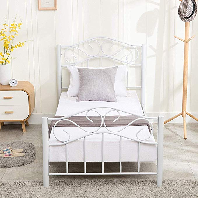 Mecor Twin Size Curved Metal Bed Frame/Mattress Foundation/Platform Bed for Kids Girls Boys Adults with Steel Headboard Footboard,No Box Spring Needed,White/Twin Size