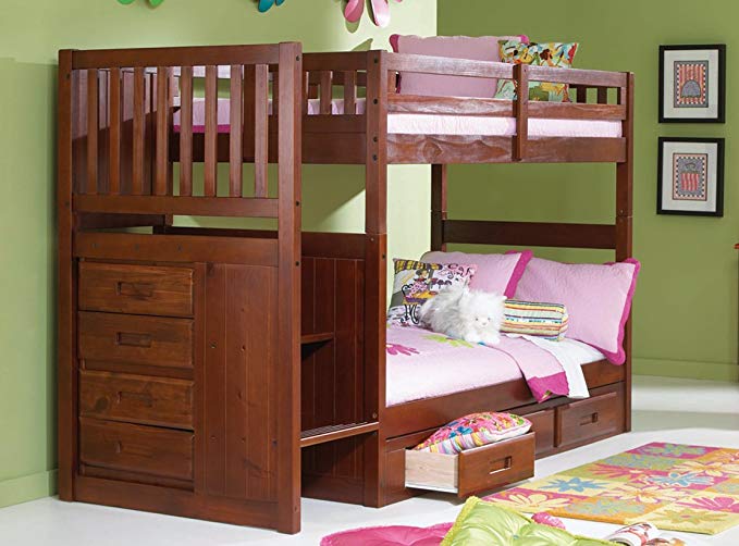 Discovery World Furniture Mission Twin Over Twin Staircase Bunk Bed with 3 Drawers in Merlot Finish