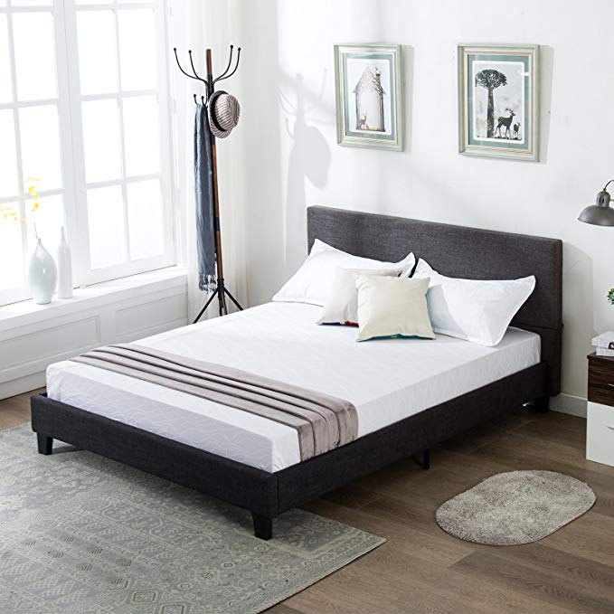 Mecor Upholstered Linen Platform Bed Frame Wooden Slat Support - No Box Spring Needed Adults Teens Children - Grey/Queen Size