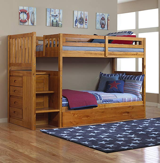 Discovery World Furniture Mission Twin Over Twin Staircase Bunk Bed with Trundle in Honey Finish